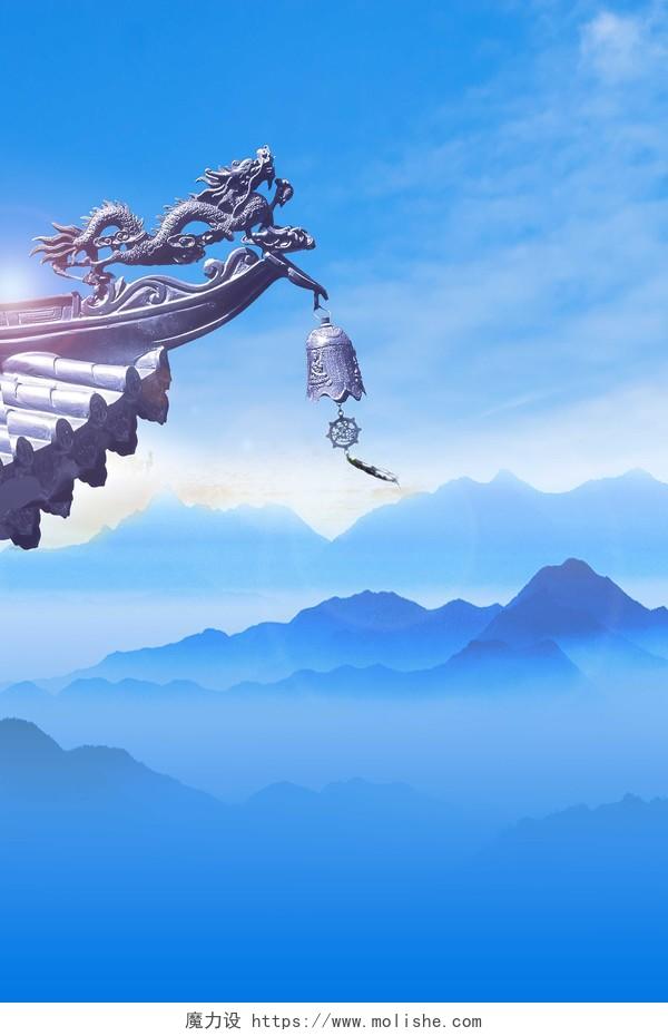蓝色现代古建筑屋檐中国二月二龙抬头万象更新春季海报背景
